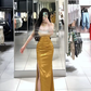 Gold strapless, fitted, bodycon, sexy long ball gown R7901