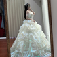 White off-the-shoulder, fitted waist, tiered, full skirt, long ball gown R8638