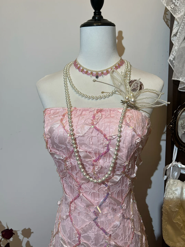 Pink tube top slim waist fishtail pleated skirt long dress homecoming dress R4251