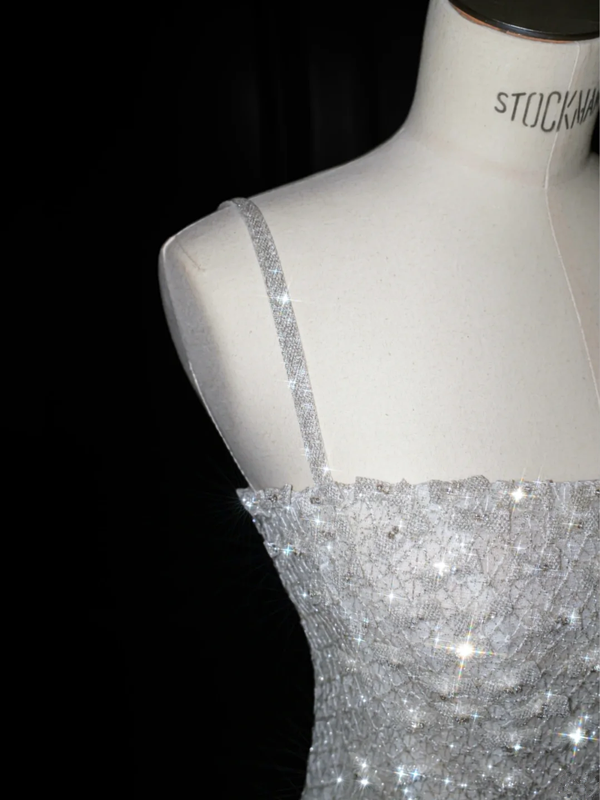 White suspender sequined waist A-line sexy long skirt, prom dress R5644