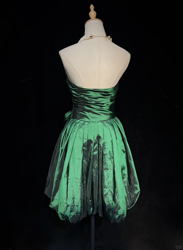 Green Strapless Satin Waist Pleated A-Line Short Skirt Homecoming Dress R4983