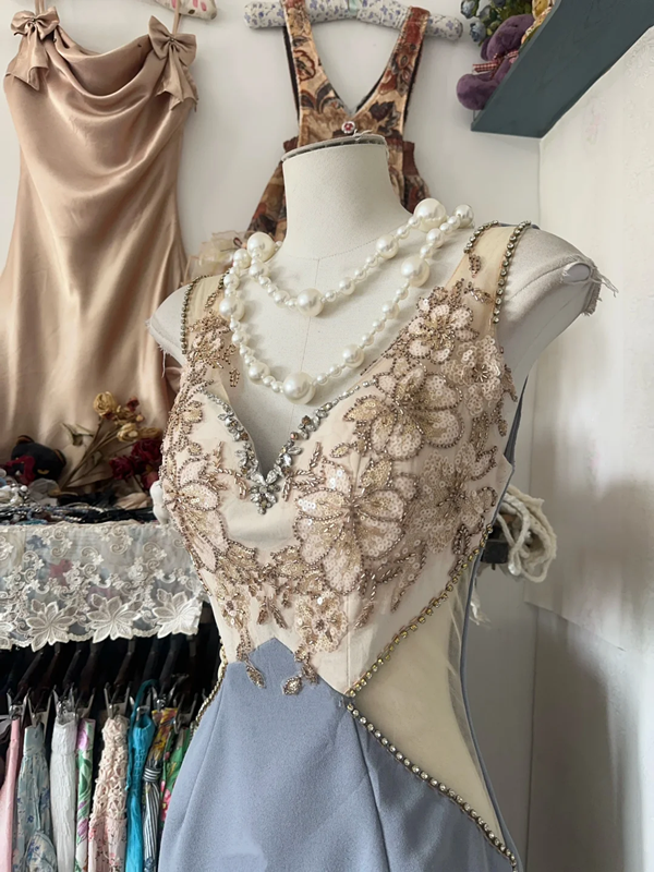 Retro stitching beaded waist slim hip short skirt ball gown R6196