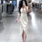 White halter-neck, fitted, low-cut, sexy midi-length ball gown R7781