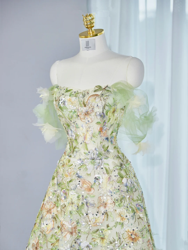 Light green off-shoulder fitted long ball gown R9001
