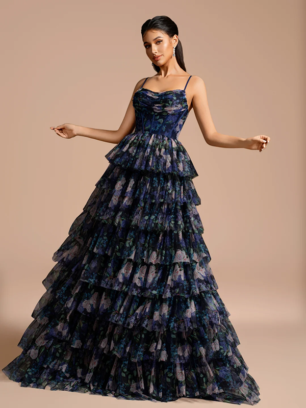 Dark blue floral print halter top with a fitted waist and a tiered skirt, long ball gown R8881