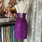 Purple asymmetrical neckline, fitted waist, bodycon mini skirt, prom dress R6354