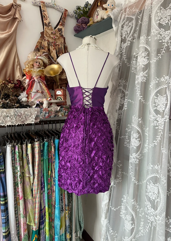 Purple asymmetrical neckline, fitted waist, bodycon mini skirt, prom dress R6354