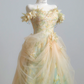 Light yellow off-the-shoulder fitted waist ball gown with a full skirt R8219