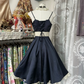 Navy blue halter-neck fitted satin mini dress, ball gown R6275