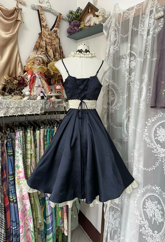 Navy blue halter-neck fitted satin mini dress, ball gown R6275