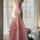 Light pink floral print halter-neck fitted bodycon long ball gown R7710