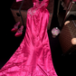 Pink halter neckline, fitted waist, sexy long ball gown R7033