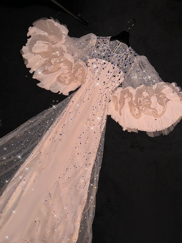 Light apricot round neck long sleeve fitted waist long ball gown, bridal dress R8761