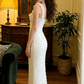 White vintage floral halter top with pearl embellishments, fitted waist, bodycon long ball gown, bridal gown R8577