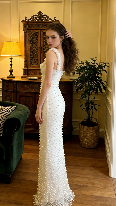 White vintage floral halter top with pearl embellishments, fitted waist, bodycon long ball gown, bridal gown R8577