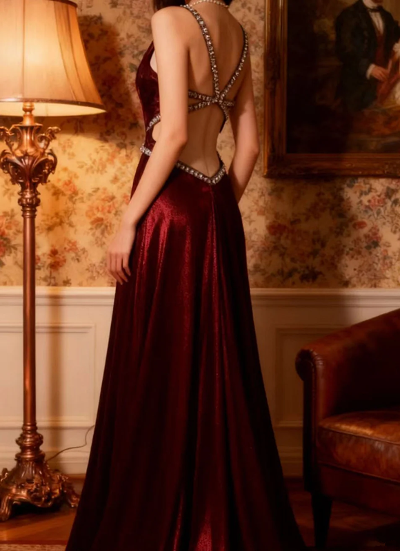 Deep red halter V-neck sexy fitted long ball gown R6715