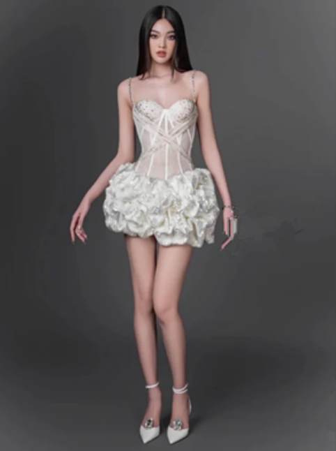 White sequined suspenders fish bone waist puffy three-dimensional flower skirt short skirt homecoming dress R4860