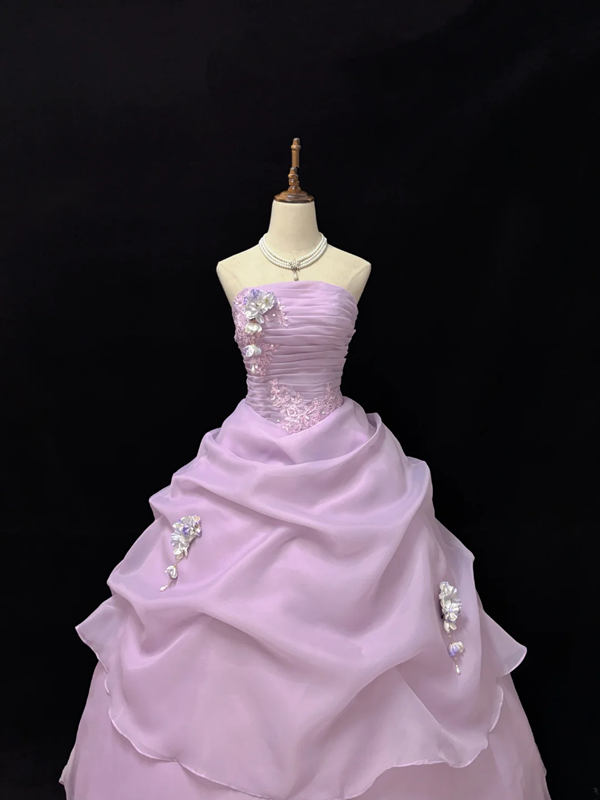 Light purple strapless, fitted waist, full skirt, long ball gown R9061