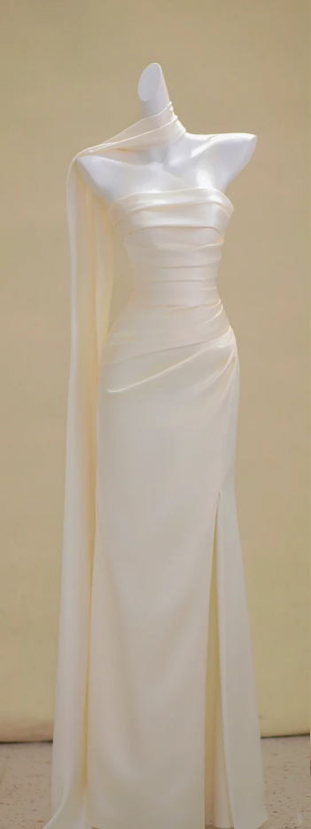 Apricot Strapless Waist Slim Pleated Satin Maxi Bridal Dress R5762