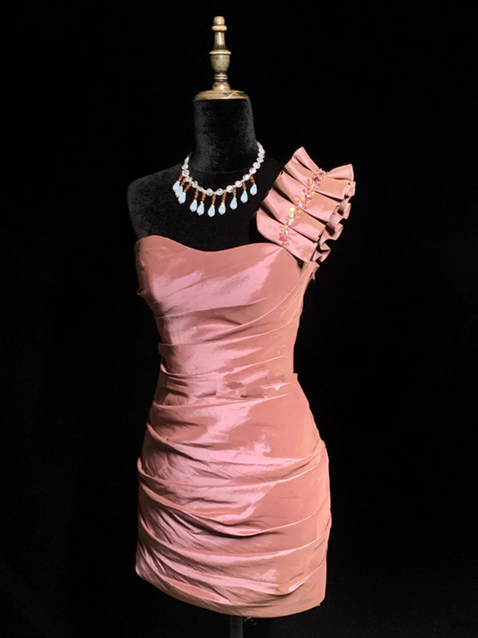 Champagne pink one-shoulder fitted waist bodycon short prom dress R8702