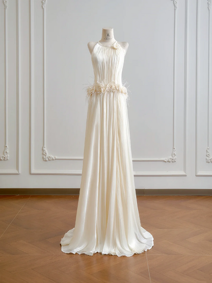 Light apricot halter neck fitted waist long elegant ball gown R8190
