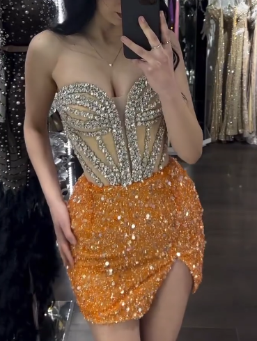 White diamond top and yellow hip sexy short skirt homecoming dress R5484