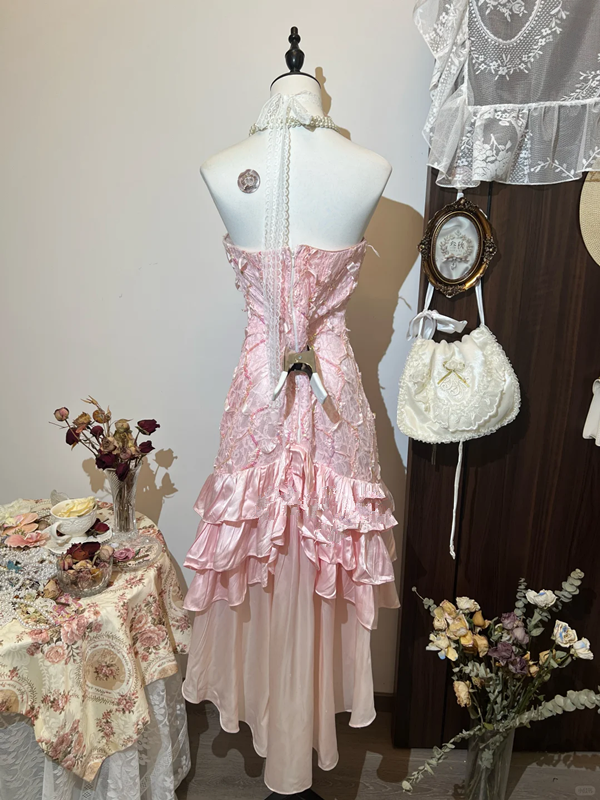 Pink tube top slim waist fishtail pleated skirt long dress homecoming dress R4251