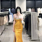 Gold strapless, fitted, bodycon, sexy long ball gown R7901