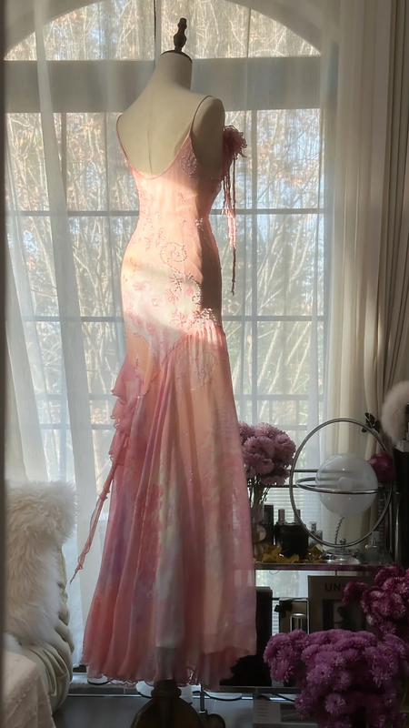 Light pink floral print halter-neck fitted bodycon long ball gown R7710