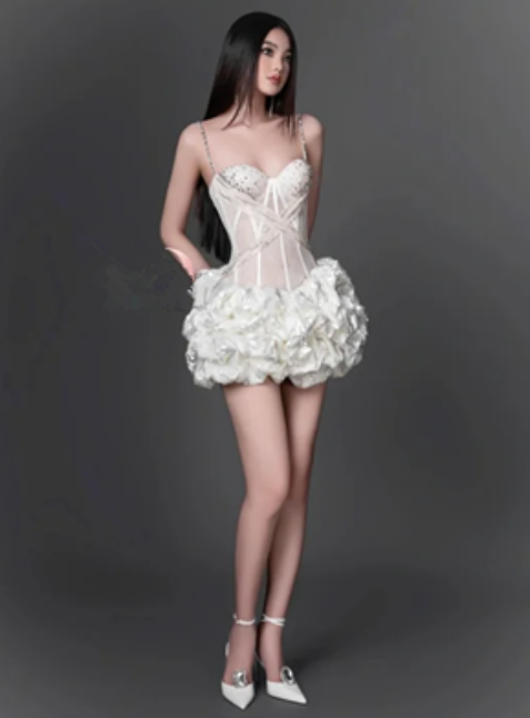 White sequined suspenders fish bone waist puffy three-dimensional flower skirt short skirt homecoming dress R4860