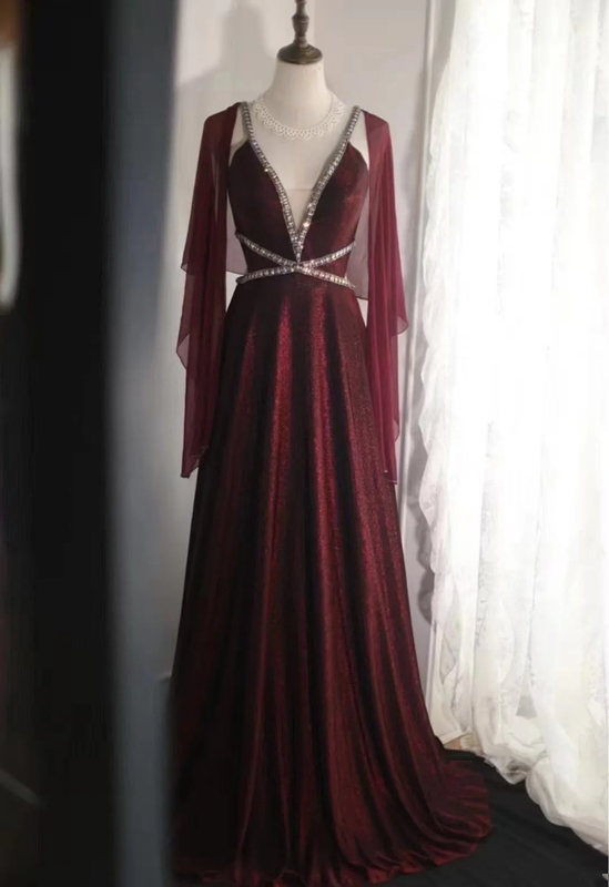 Deep red halter V-neck sexy fitted long ball gown R6715