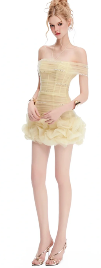 Light yellow one-shoulder slim-fitting hip-hugging miniskirt homecoming dress R4373