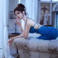 Sexy blue halter-neck, fitted waist, backless, and slit ball gown R7074