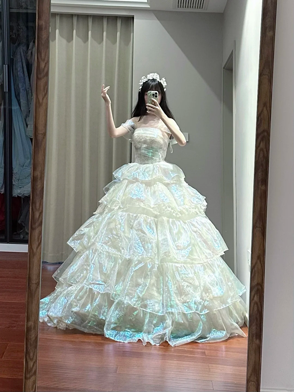 White off-the-shoulder, fitted waist, tiered, full skirt, long ball gown R8638