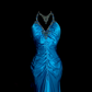 Blue halter-neck, fitted waist, pleated, revealing hips, sexy long ball gown R6675