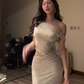 Silver Sequin One-Shoulder Waist-Cinched Fitted Floor-Length Prom Dress R7114