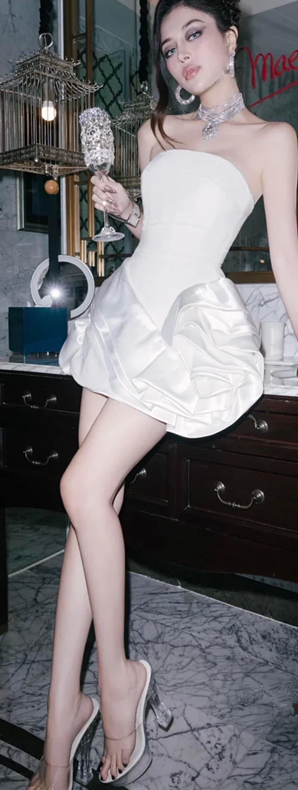 White satin tube top waist slim design temperament short skirt homecoming dress R4656