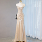 Light champagne-colored strapless, fitted, sexy long ball gown R9031