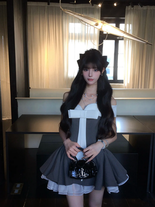 Gray tube top waist slim fit A-line high-end puffy skirt homecoming dress R5064