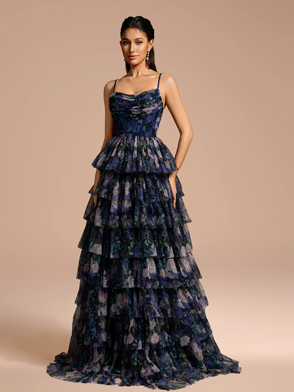 Dark blue floral print halter top with a fitted waist and a tiered skirt, long ball gown R8881