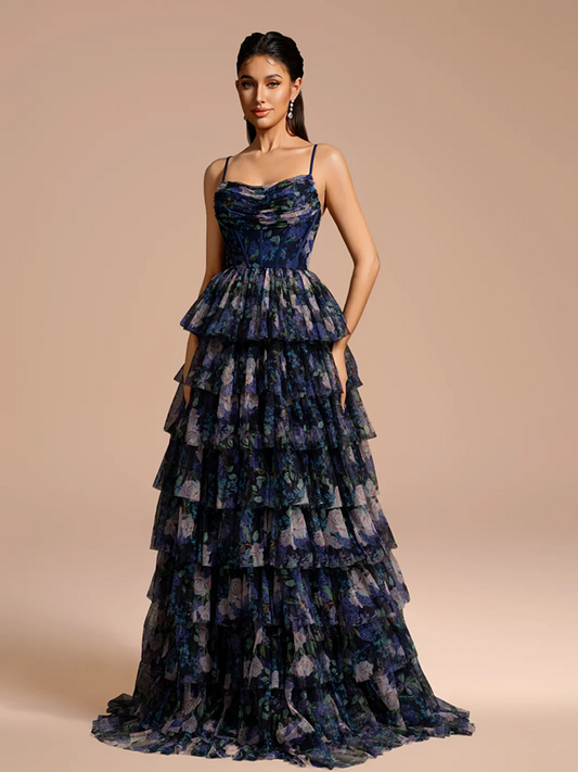 Dark blue floral print halter top with a fitted waist and a tiered skirt, long ball gown R8881
