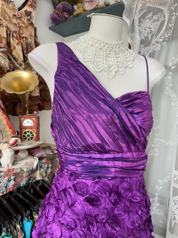 Purple asymmetrical neckline, fitted waist, bodycon mini skirt, prom dress R6354