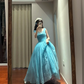 Lake blue halter-neck fitted waist puff skirt long ball gown R8852