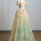 Light yellow off-the-shoulder fitted waist ball gown with a full skirt R8219