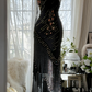Black halter-neck, fitted waist, bodycon sexy long ball gown R7669