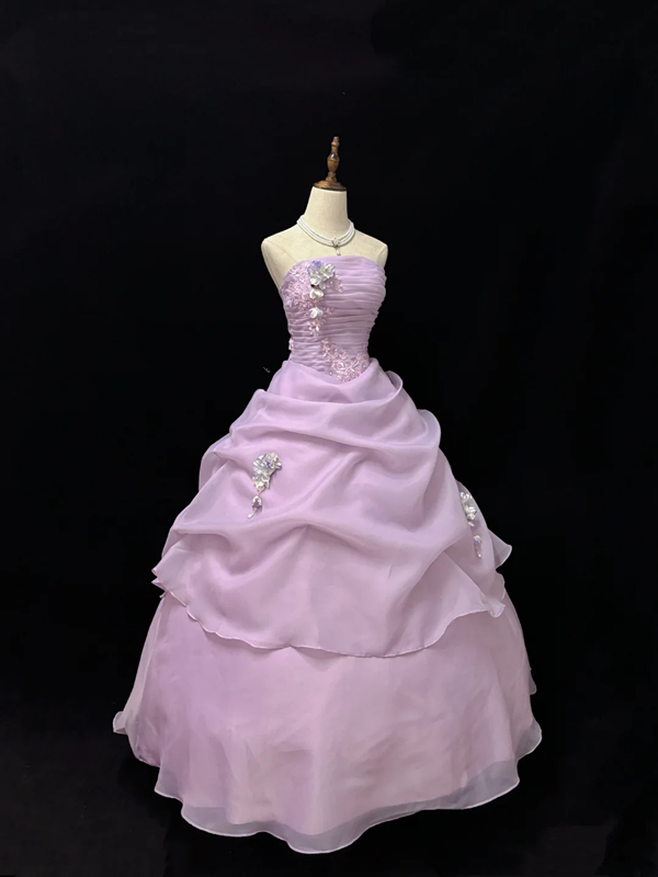 Light purple strapless, fitted waist, full skirt, long ball gown R9061