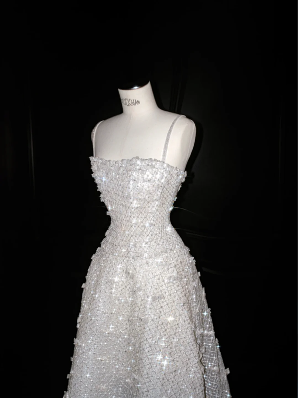 White suspender sequined waist A-line sexy long skirt, prom dress R5644