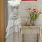 White satin slim waist pleated ruffle skirt long dress, ball gown R6236