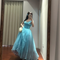 Lake blue halter-neck fitted waist puff skirt long ball gown R8852