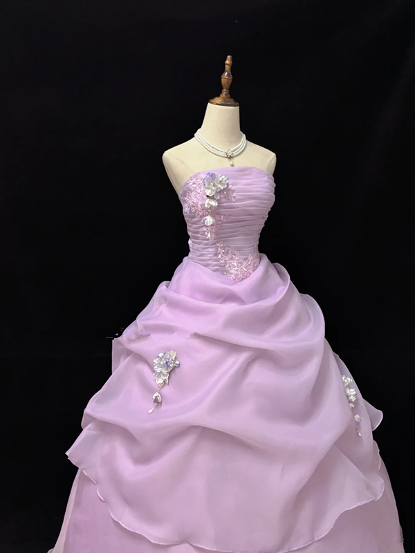 Light purple strapless, fitted waist, full skirt, long ball gown R9061